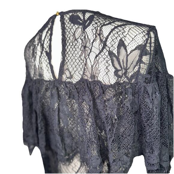 Who What Wear Black Medium Sheer Lace Ruffle Top Long Sleeve Whimsygoth Witchy - Picture 5 of 8